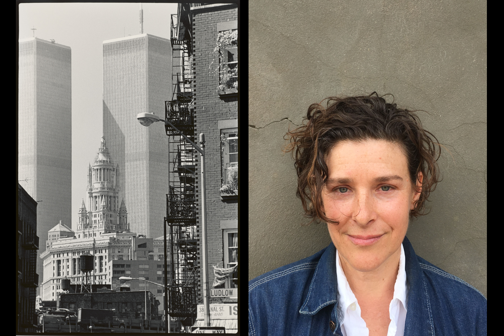 Photo of Financial District New York City and separate photo of a woman smiling